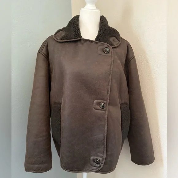 ZARA DOUBLE-FACED BROWN FAUX SHEARLING LAPEL FUR COLLAR, AVIATOR JACKET - Picture 5 of 6